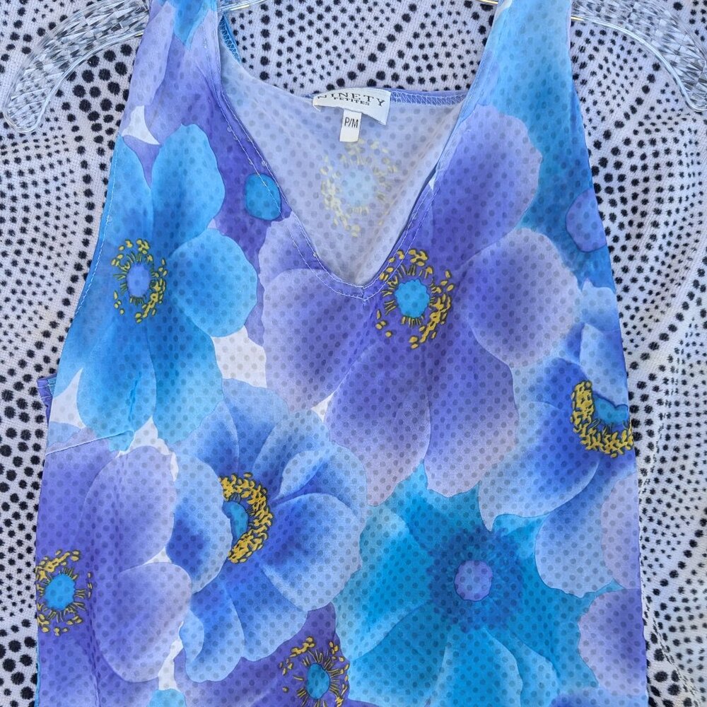 Ninety Petites Medium Blue Purple Floral Sheer V-Neck Tank Top